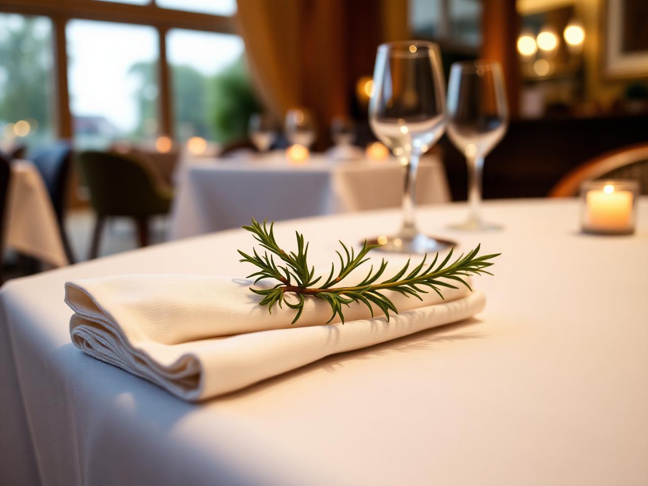 Stacked white linen tablecloths