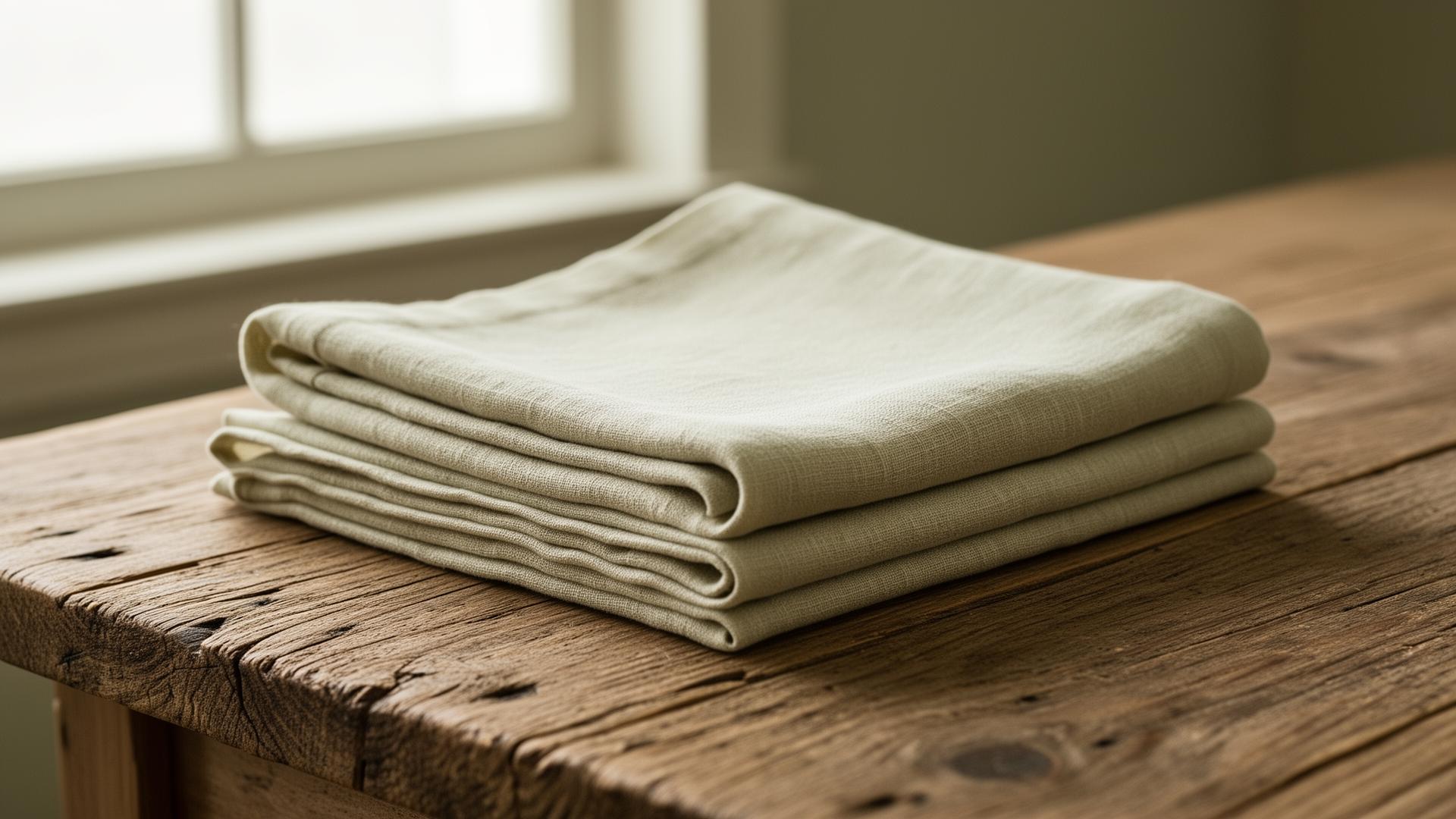 Folded linen napkins on a weathered oak workbench