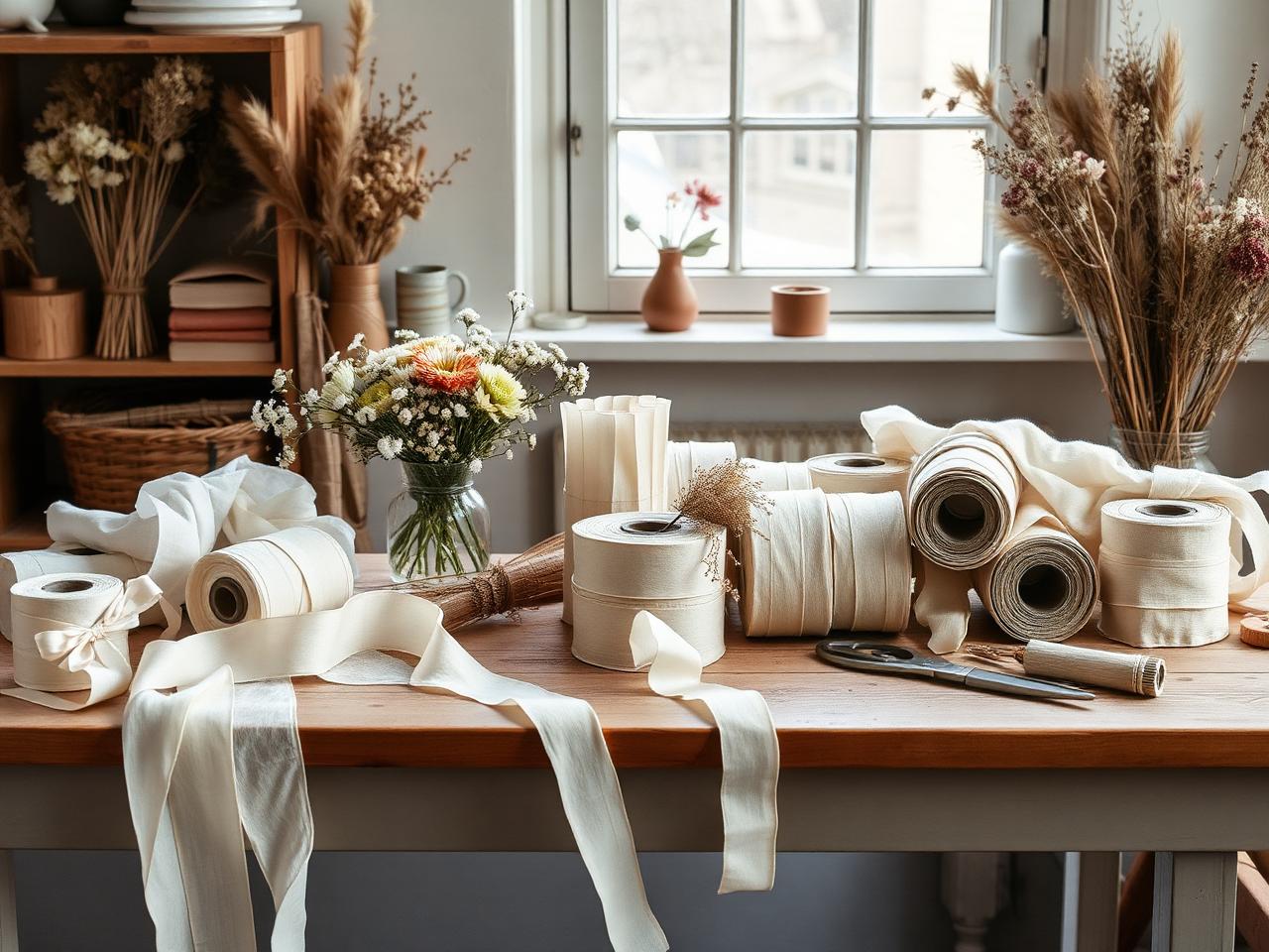 Florist studio with linen wrapped bouquets