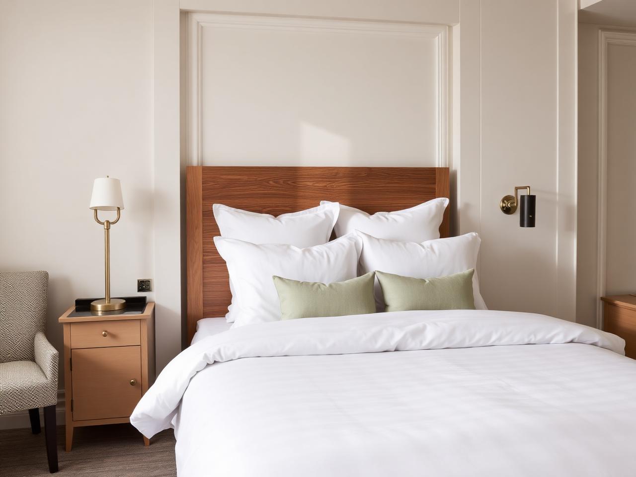 Boutique hotel bedroom in soft daylight